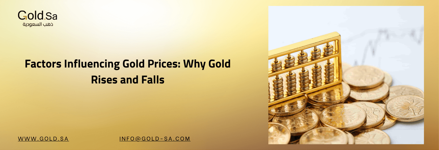 Gold coins with a golden abacus placed on top, symbolizing factors influencing gold prices, with Gold.sa branding on a gold gradient background.