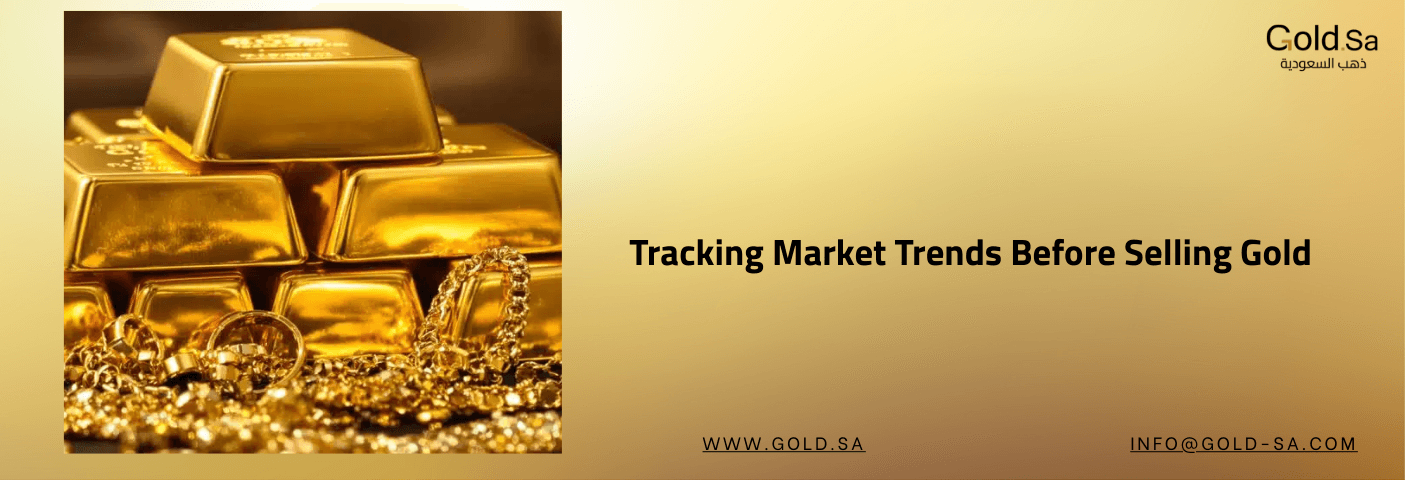 Stacked gold bars with gold jewelry in front, alongside text reading ‘Tracking Market Trends Before Selling Gold’ and the Gold.sa logo on a gold gradient background