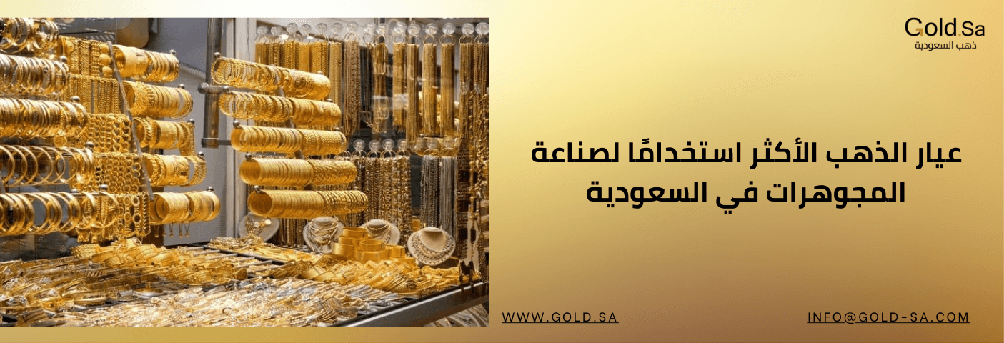 واجهة متجر مجوهرات مزدحمة تعرض مجموعة كبيرة ومتنوعة من الأساور والعقود الذهبية التقليدية. يظهر نص عربي: "عيار الذهب الأكثر استخدامًا لصناعة المجوهرات في السعودية".