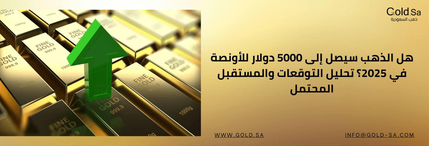عدد كبير من سبائك الذهب الخالص (999.9) مكدسة، وفوقها سهم أخضر كبير يشير للأعلى. يظهر نص عربي: "هل الذهب سيصل إلى 5000 دولار للأونصة في 2025؟ تحليل التوقعات والمستقبل المحتمل"